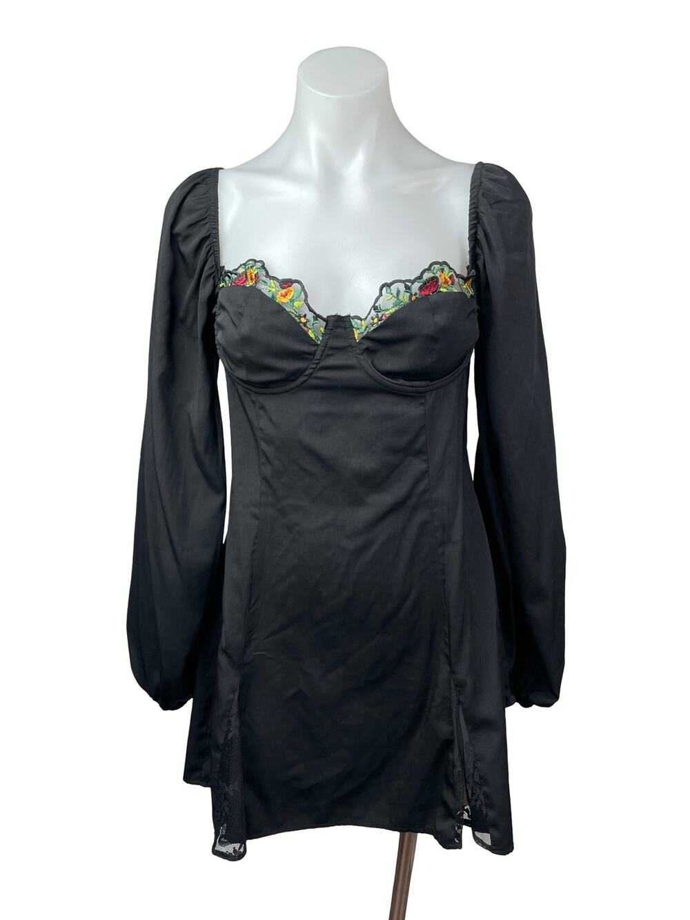 Princess Polly Black Long Sleeve Floral Lace Bustier Mini A Line Dress Size 8
